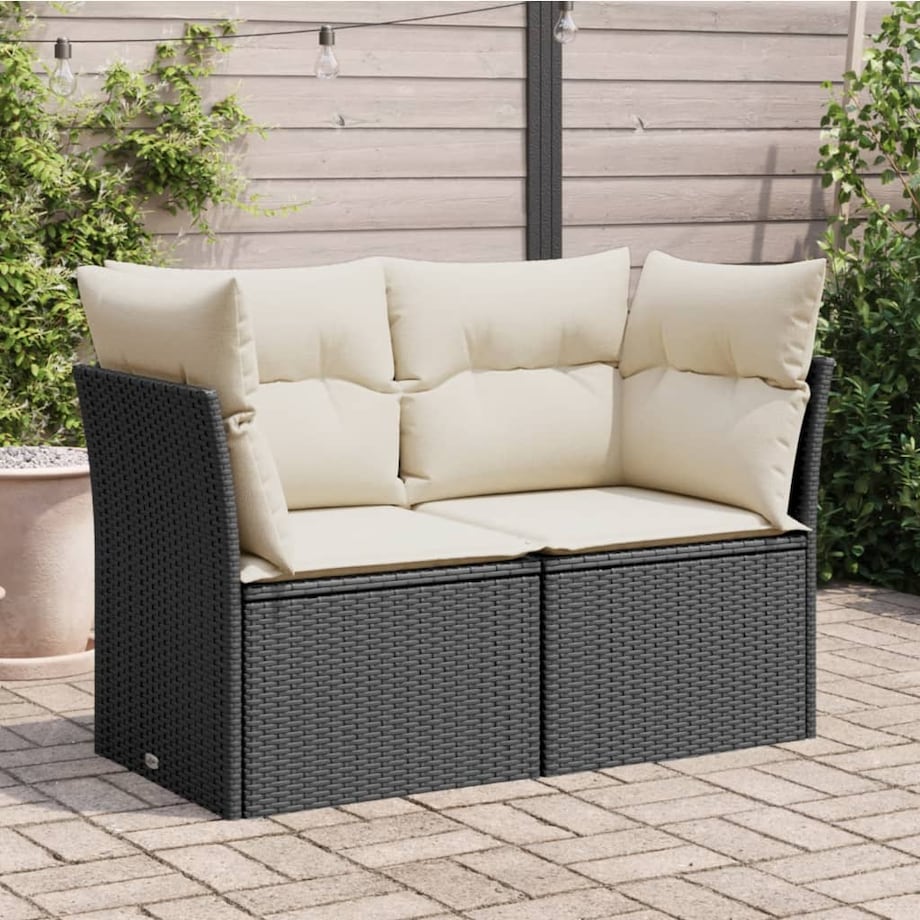 vidaXL Sofa ogrodowa z poduszkami, 2-osobowa, czarna, polirattan