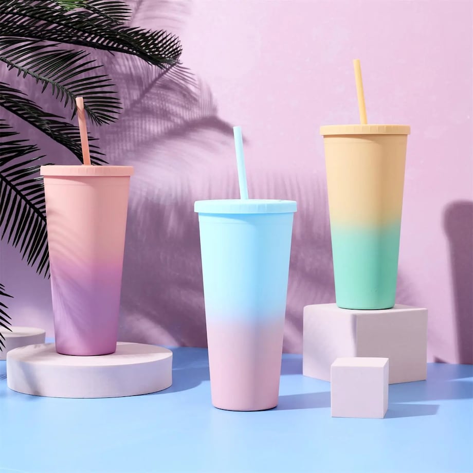 KUBEK ZE SŁOMKĄ Tie-Dye PP 700 ml pomarańczowo-różowy