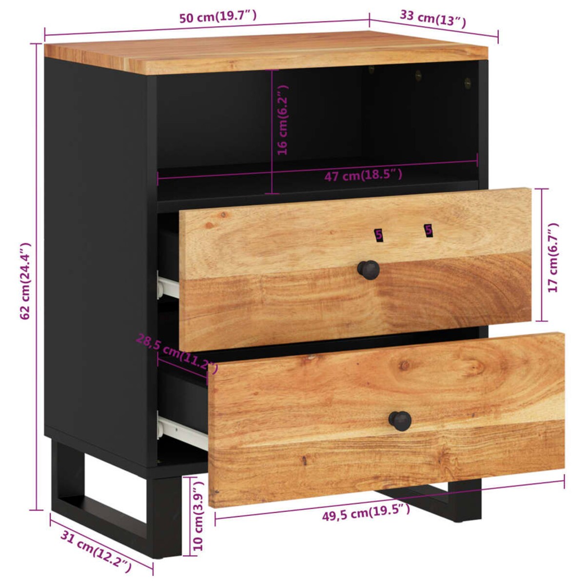 vidaXL Szafka nocna, 50x33x62 cm, lite drewno akacjowe