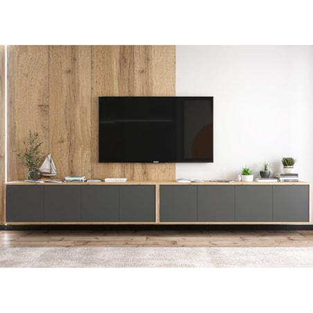 Wisząca Szafka RTV Loft Komoda RTV Dąb Wotan Grafit MAT 300 cm