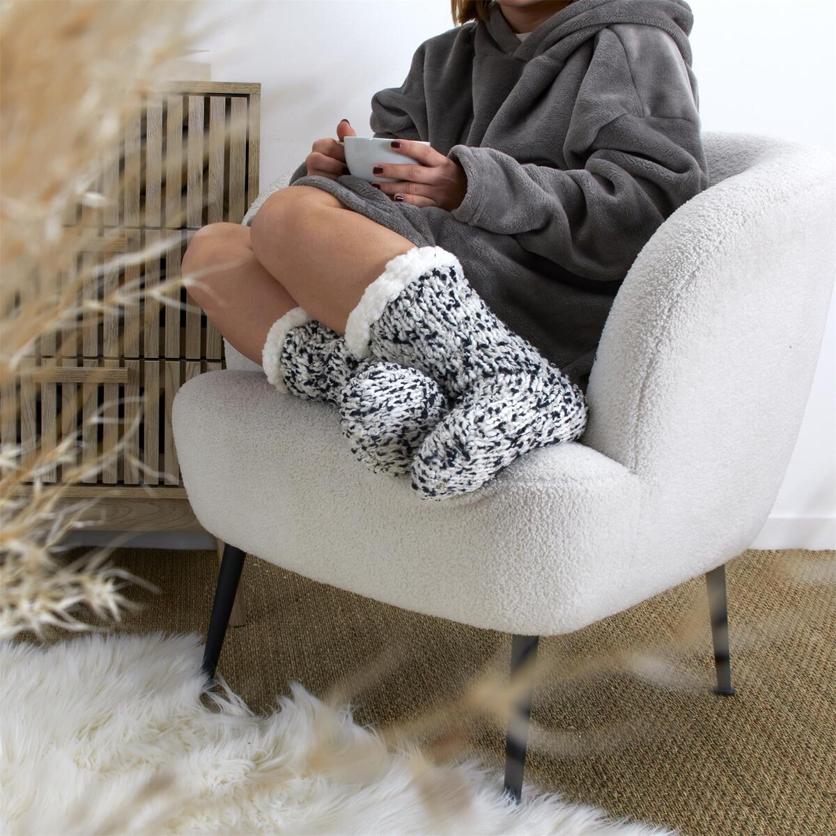 SKARPETY OCIEPLANE z wykończeniem Sherpa szare