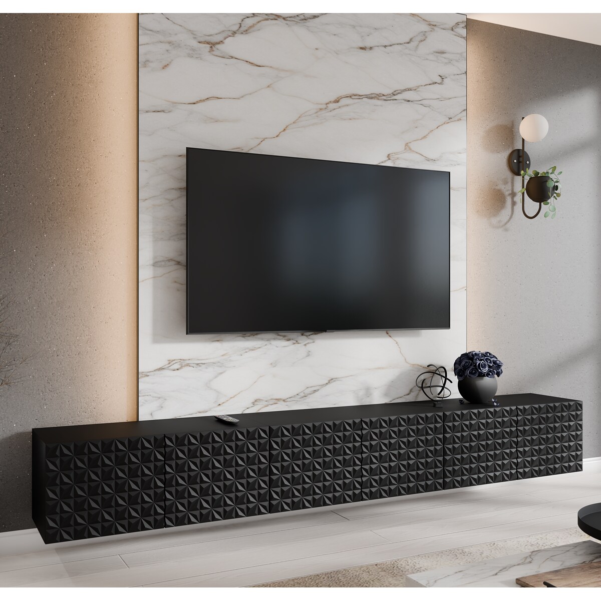 Szafka RTV ALI 300 cm zamknięta z ozdobnymi frontami, do salonu- czarna