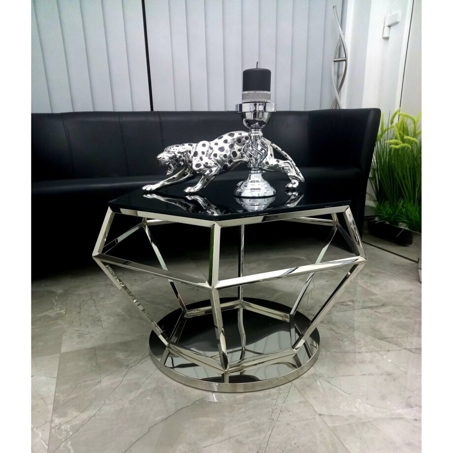 Nowoczesny srebrny stolik kawowy / ława w kształcie diamentu z szybą czarną 80x80x50