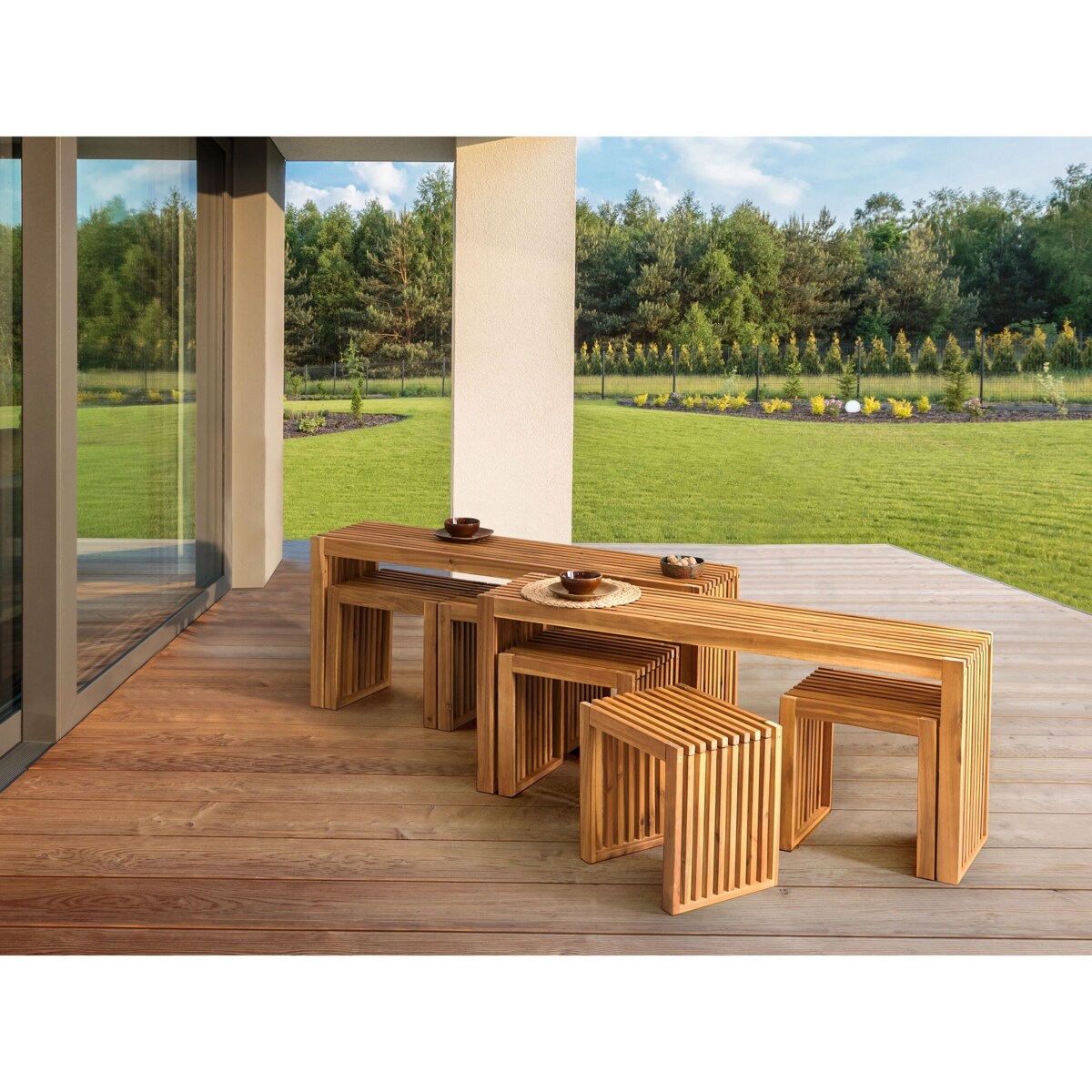 Zestaw ogrodowy z ławkami i stołkami dla 6 osób BELLANO Drewno akacjowe Brązowy