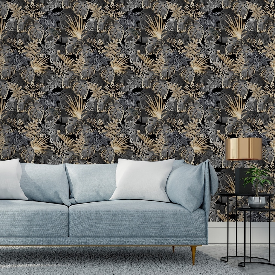 Tapeta Tropikalne LIŚCIE Rośliny Egzotyczne Złoto