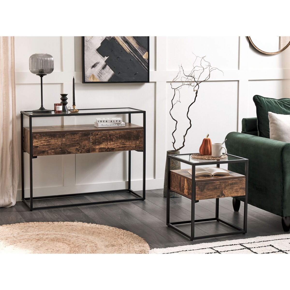 Stolik pomocniczy z szufladą szklany ciemne drewno z czarnym MAUK