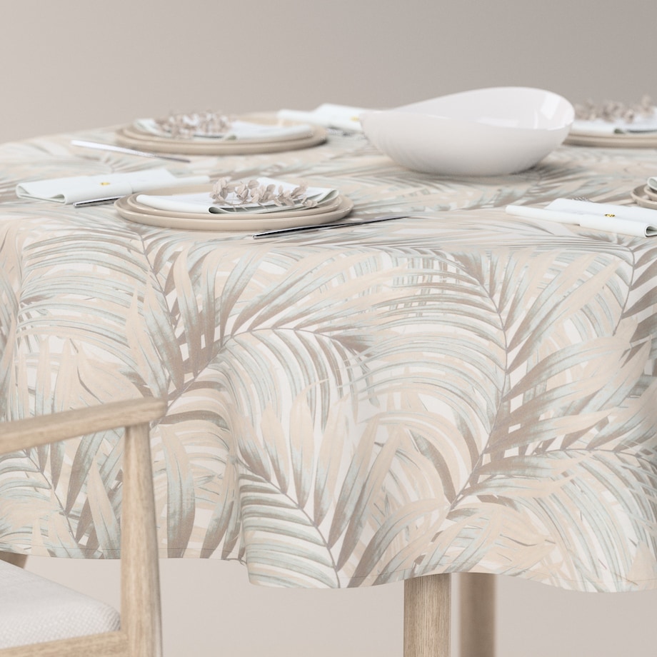 Obrus okrągły 130 x 130 cm beżowo-kremowe liście palmy na białym tle