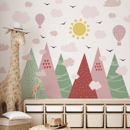 NAKLEJKI ŚCIENNE DLA DZIECI GÓRY STYL BOHO CHMURKI BALONY PTAKI ZESTAW