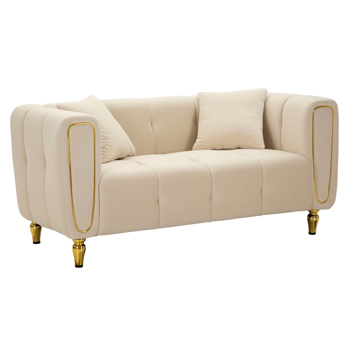 Sofa Alma, kolor kremowy i złoty, poliester, drewno eukaliptusowe, drewno sosnowe, sklejka i metal, 81 x 155 x 71 cm, do salonu, Mauro Ferretti