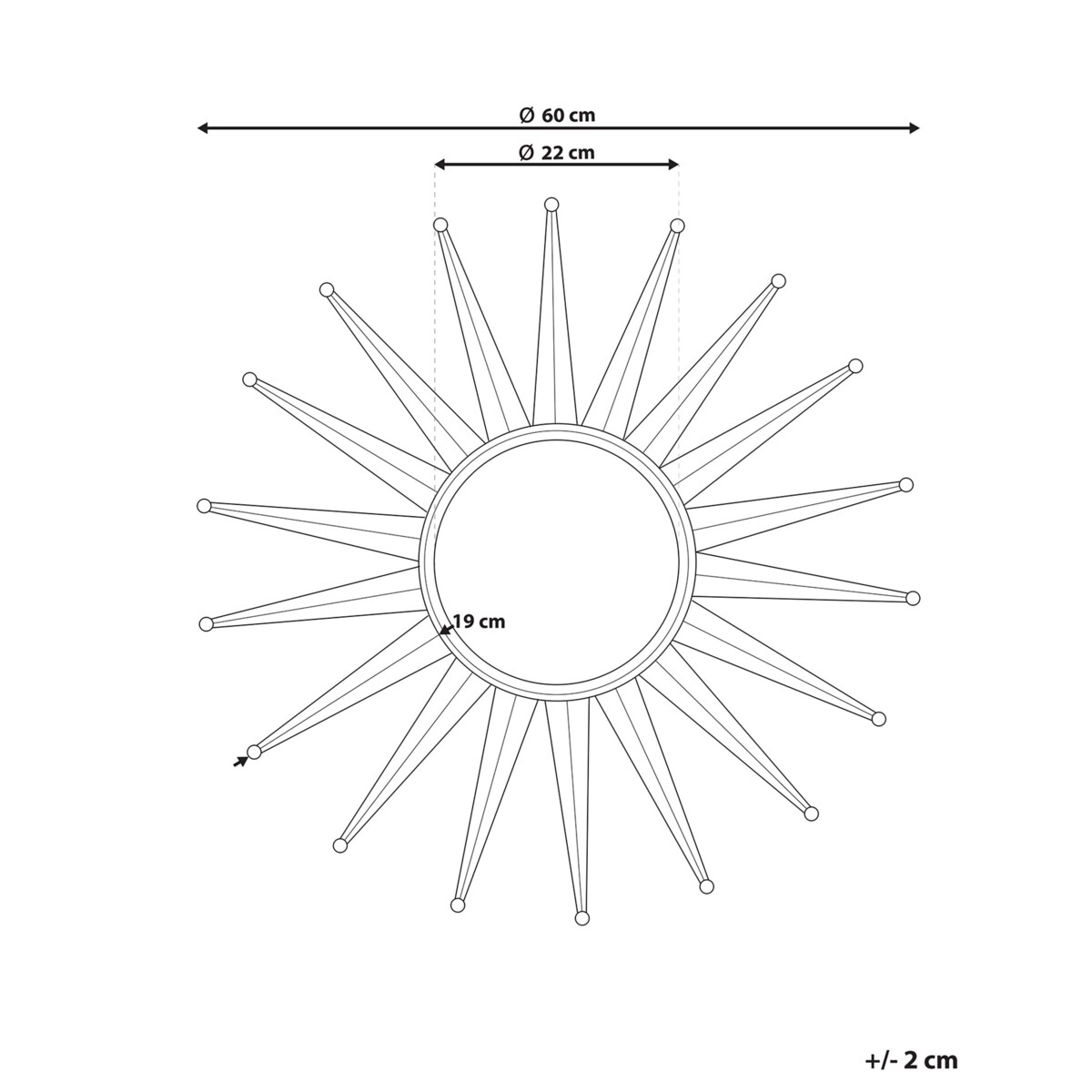 Metalowe lustro ścienne słońce ø 60 cm złote PERELLI