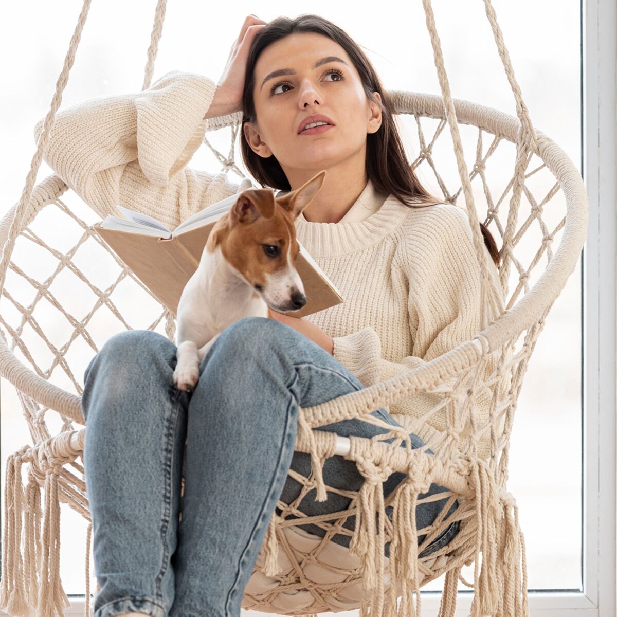 Fotel wiszący boho huśtawka bocianie gniazdo ecru GL078