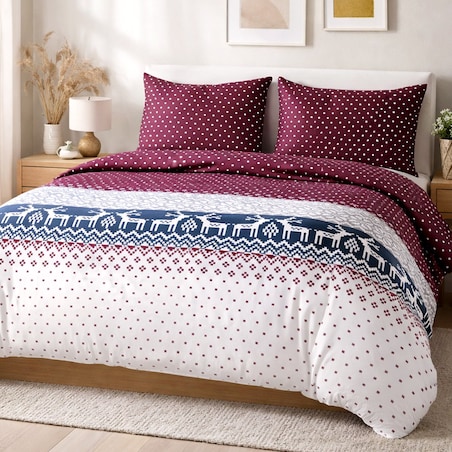 Pościel flanelowa 220x200 Arvena bordowa w renifery i kratkę, Flanelove