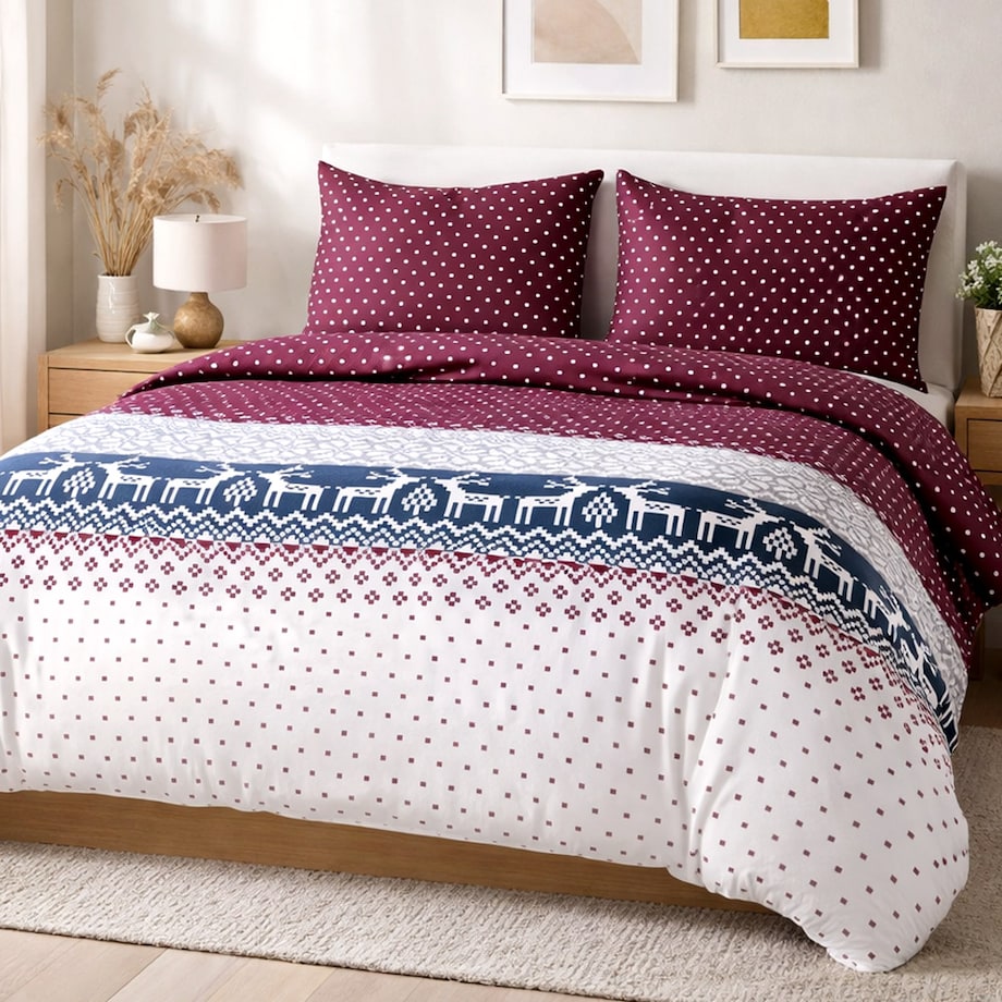 Pościel flanelowa 220x200 Arvena bordowa w renifery i kratkę, Flanelove