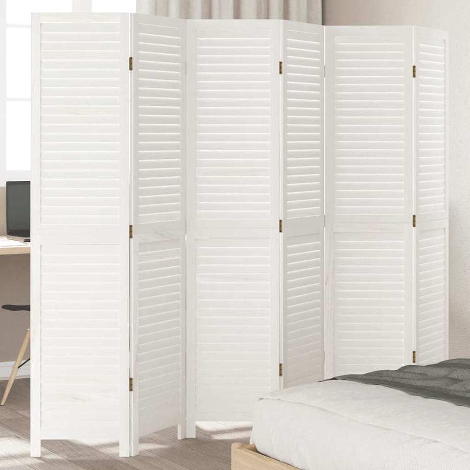 vidaXL Parawan pokojowy, 6-panelowy, biały, lite drewno paulowni
