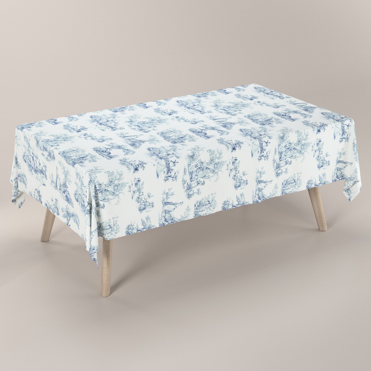 Obrus prostokątny 130 x 210 cm scenki rodzajowe w kolorze niebieskim na tle ecru