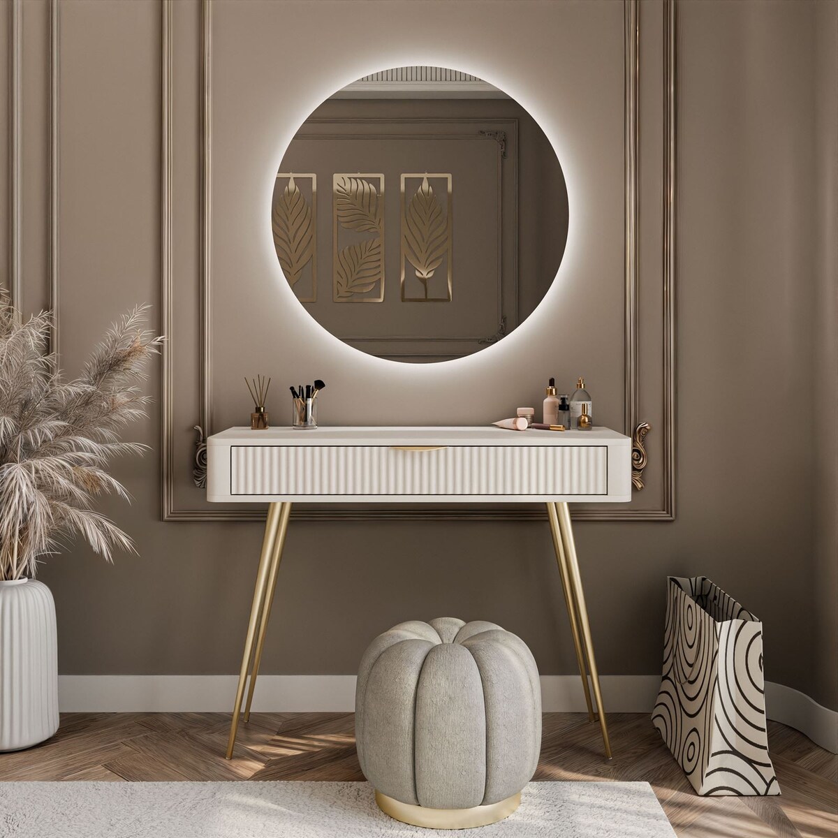 Toaletka SCARLETT z okrągłym lustrem z oświetleniem LED, beżowa