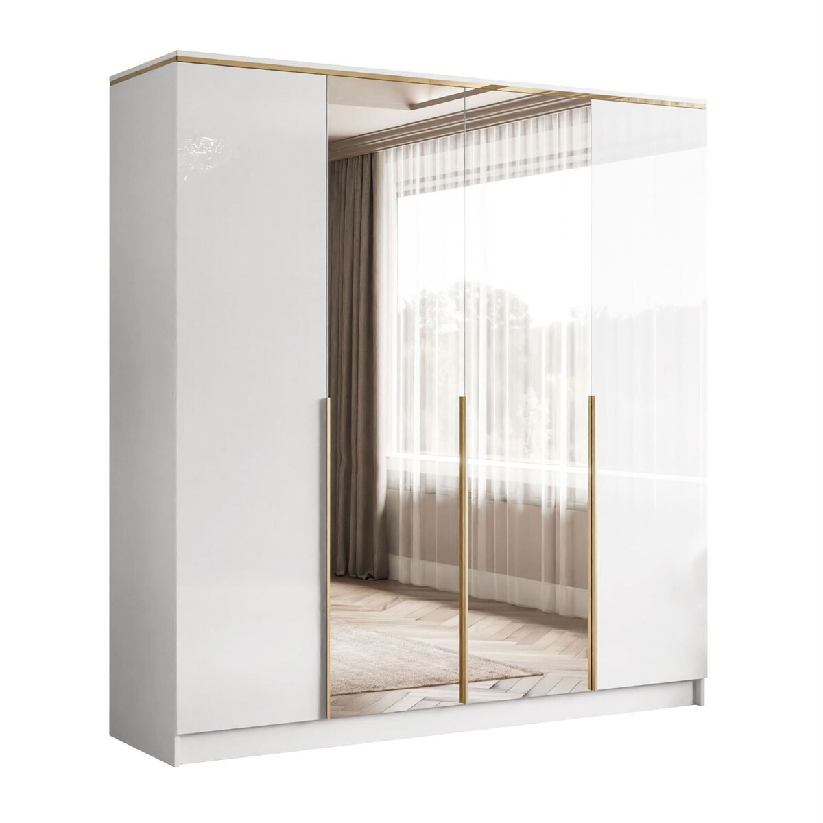 Szafa uchylna z lustrem AURORA 4D w białym połysku złoty uchwyt