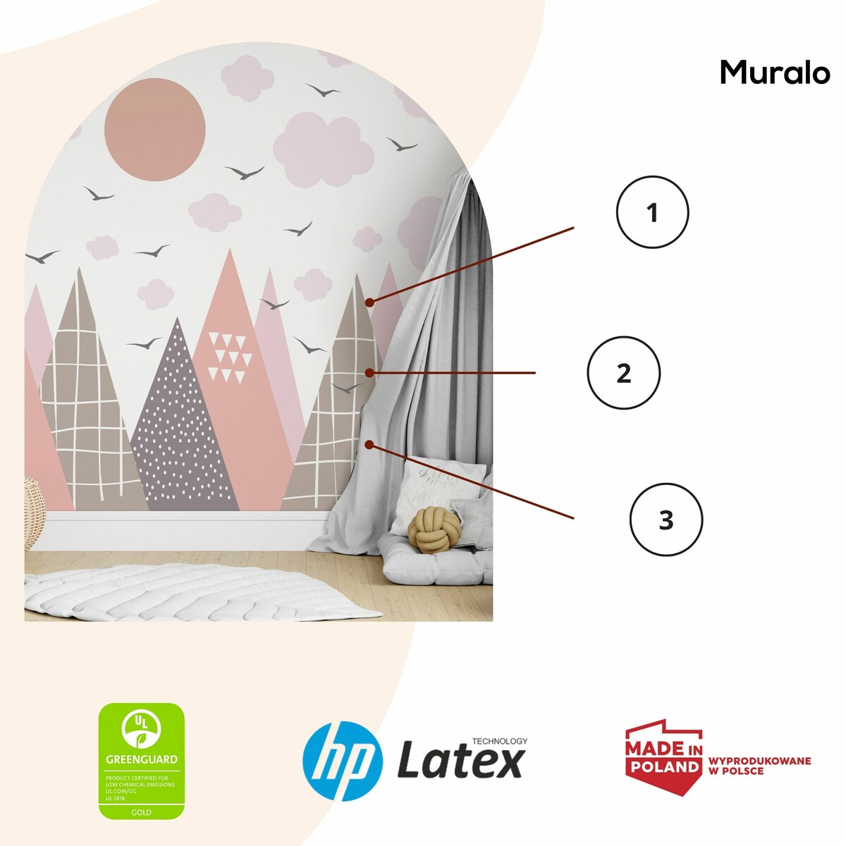 NAKLEJKI NA ŚCIANĘ DLA DZIECI JASNORÓŻOWE GÓRY STYL SKANDYNAWSKI ZESTAW