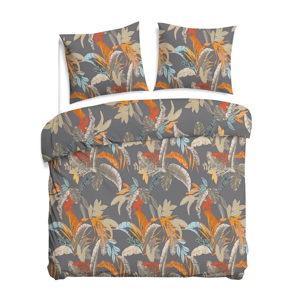 Pościel satyna bawełniana 220x200 Tropenza tropikalne liście na szarym tle, Satynlove