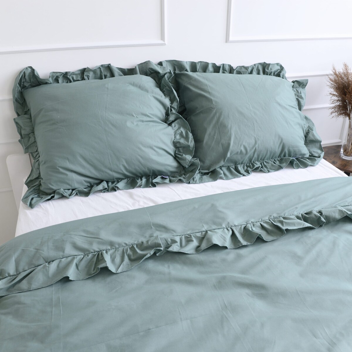 Poszewka Pościel Na Poduszkę Z Ozdobną Falbanką Boho Zieleń 70X80 Cm