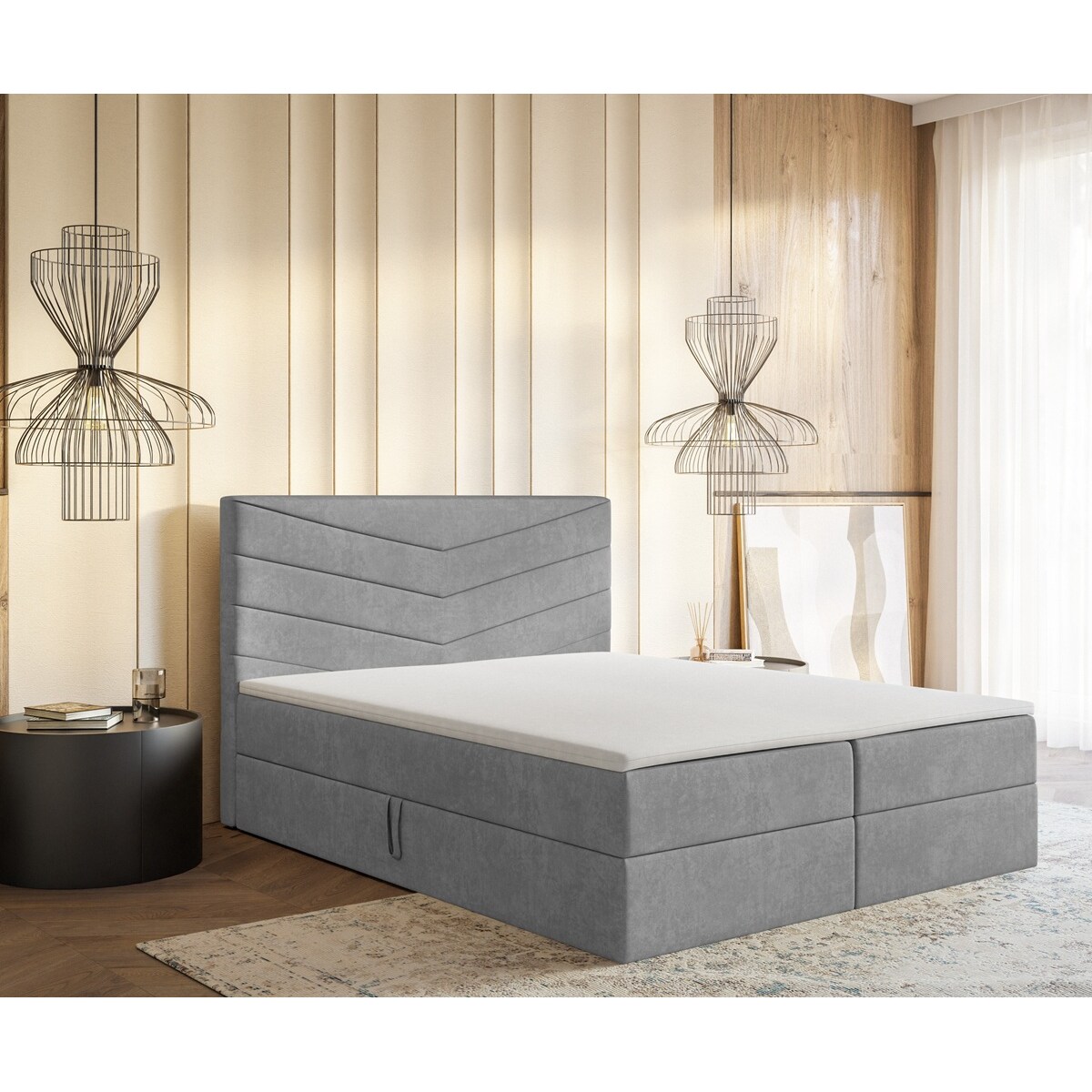 Łóżko kontynentalne G6 do sypialni 140x200 z pojemnikiem i materacem- szare