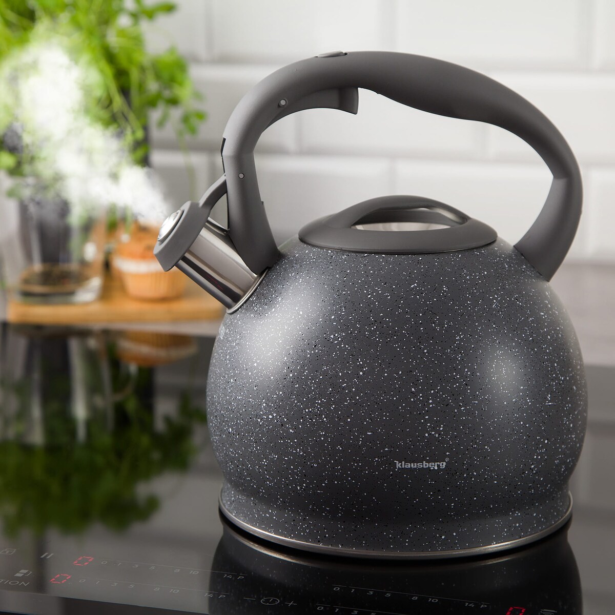 Czajnik stalowy z gwizdkiem 3L indukcja gaz szary marmurek KLAUSBERG