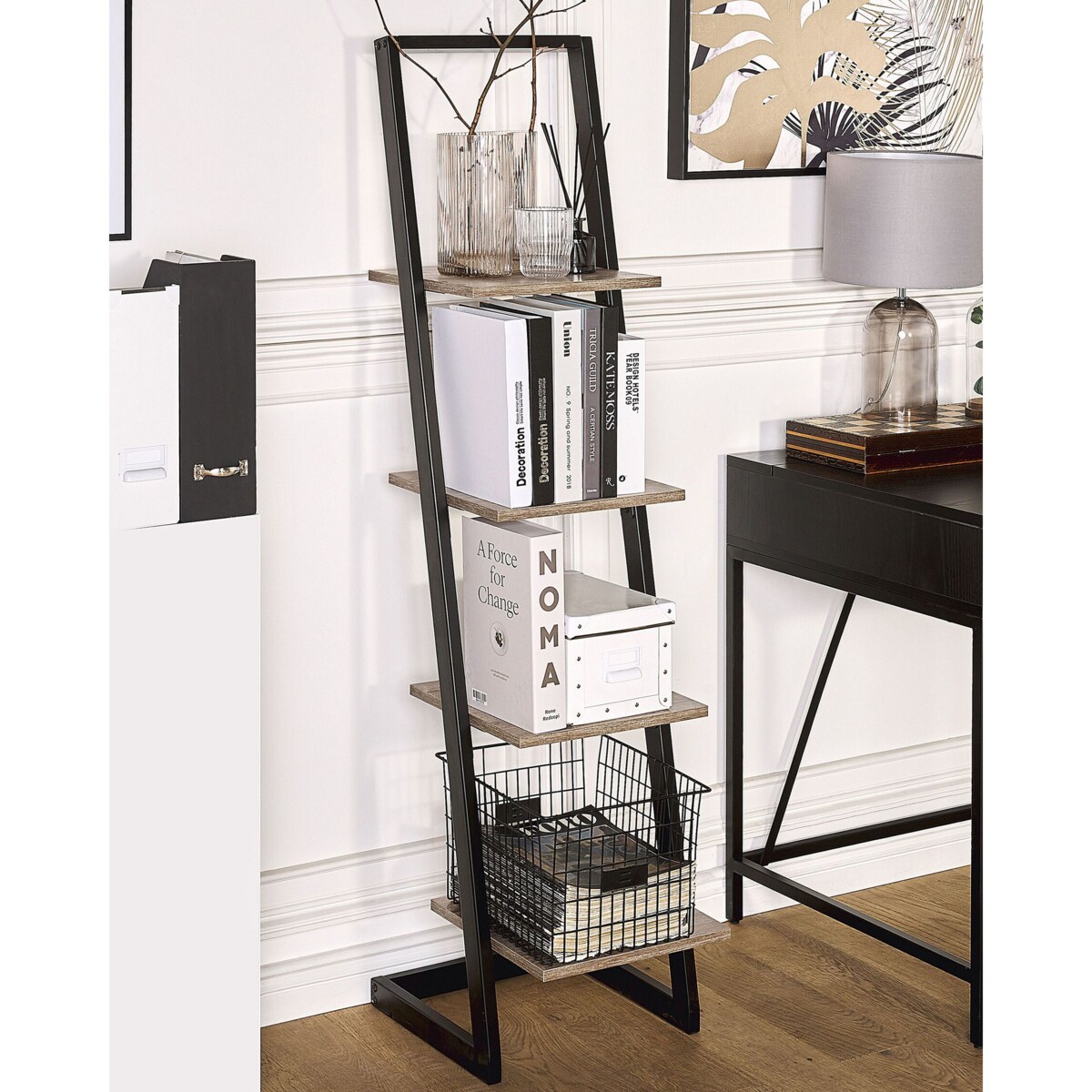 Regał 4 półki czarny z ciemnym drewnem JOPLIN