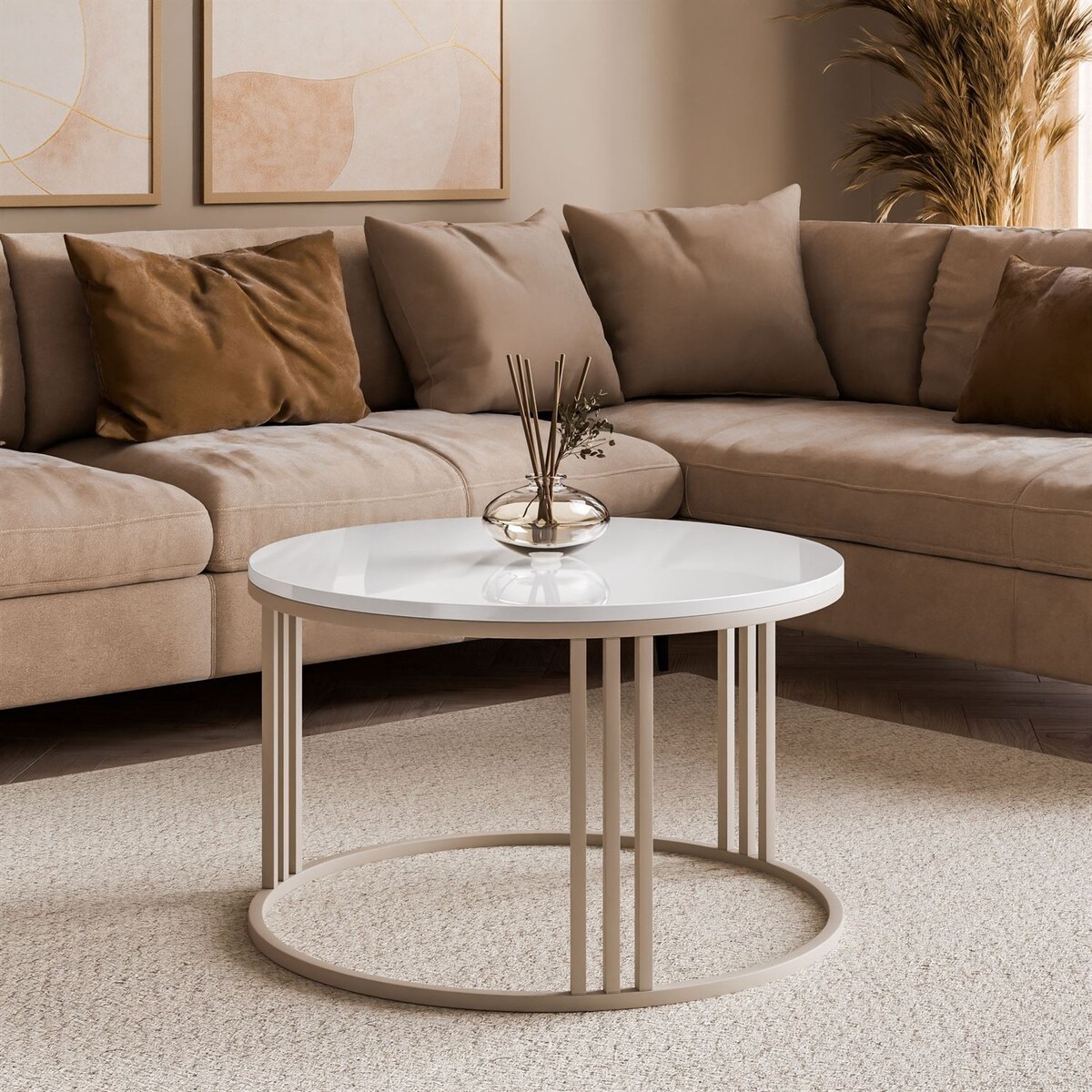 Okrągły stolik kawowy LORI POŁYSK na kaszmirowym stelażu, blat biały połysk