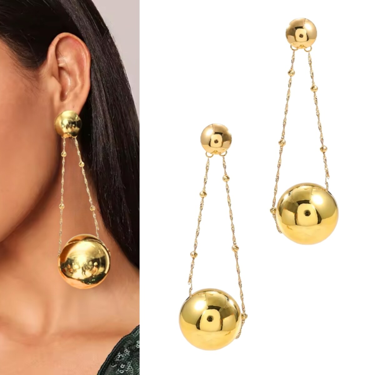 Długie kolczyki złote kule kulki wiszące na łańcuszkach DUŻE efektowne