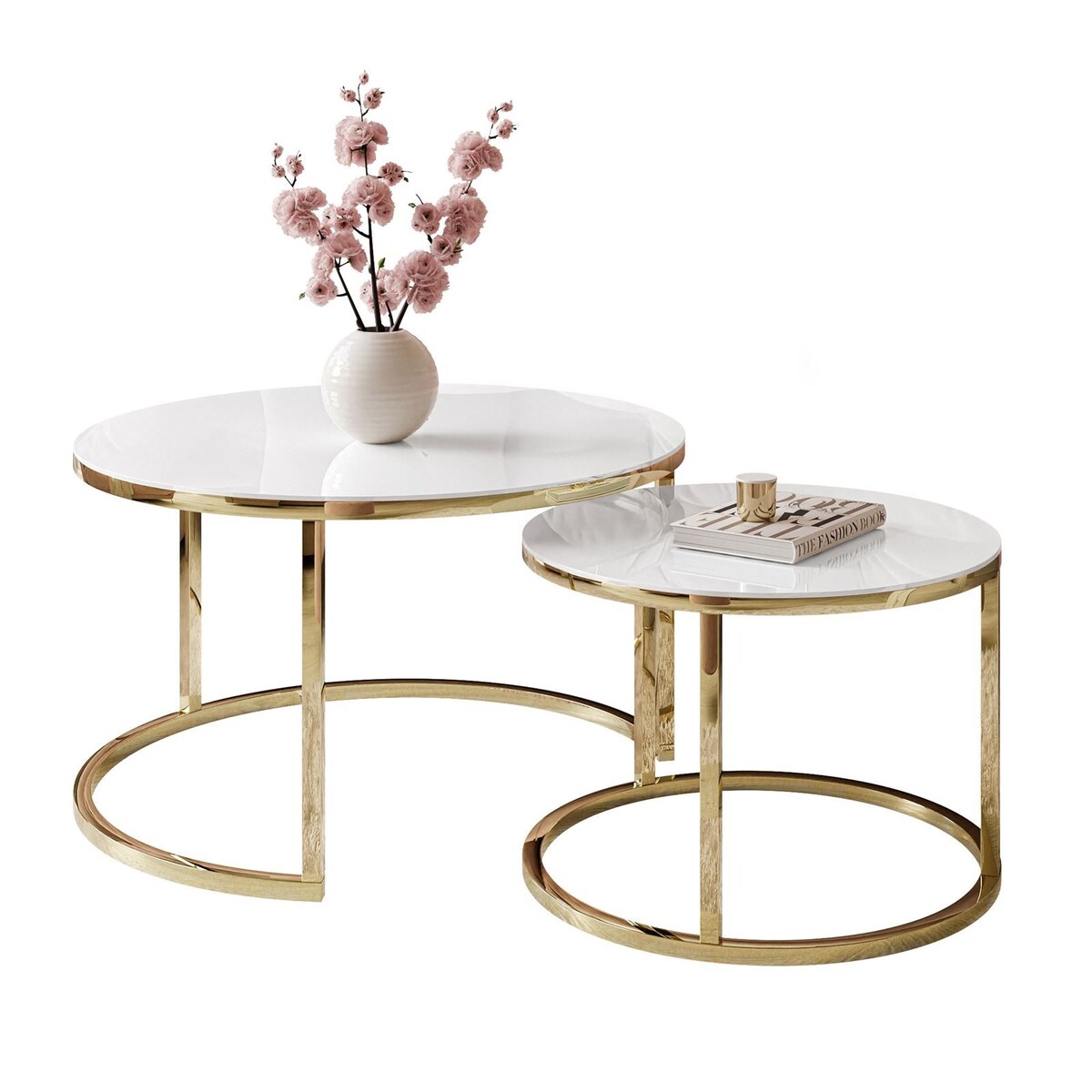 Okrągła ława CIRI 2w1 złoty chrom białe szkło