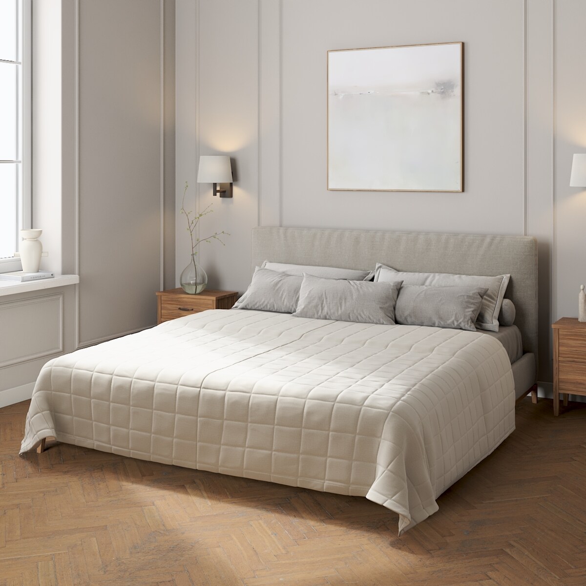 Narzuta pikowana w kratę 260x210 jasno szary welwet