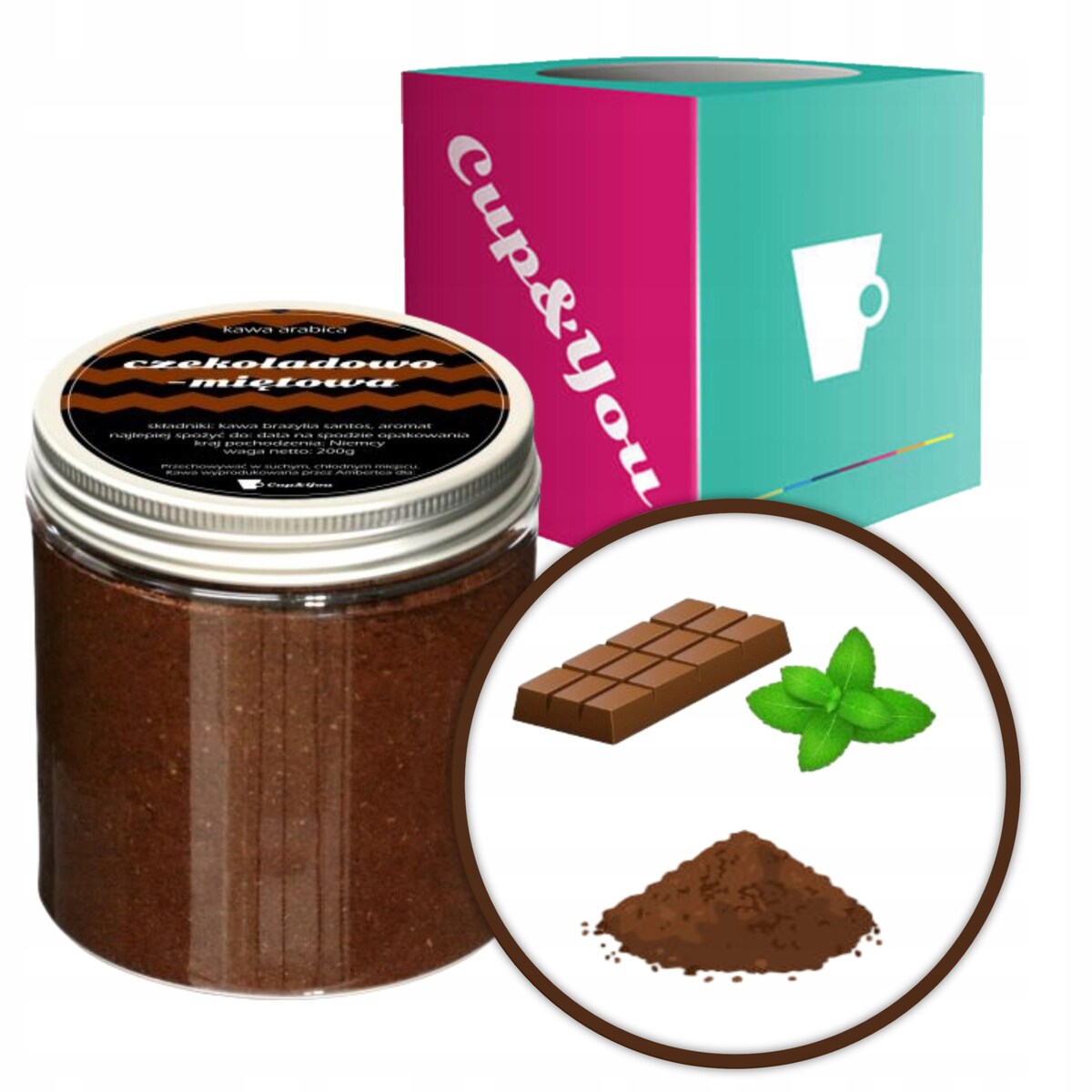 Kawa aromatyzowana smak CZEKOLADOWO MIĘTOWA mielona ARABICA PREMIUM 200g na prezent upominek dla kobiety mężczyzny faceta mamy taty żony męża