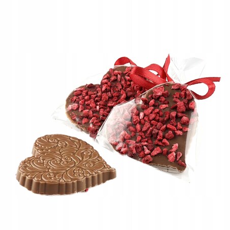 Czekoladowe mini serce z malinami - wyjątkowe serce z mlecznej, intensywnie kakaowej czekolady z dodatkiem malin, 100 % naturalne składniki, czekolada rzemieślnicza