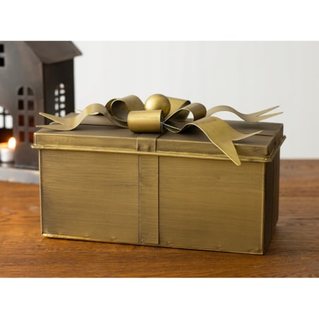 ŚWIĄTECZNE PUDEŁKO w kształcie prezentu ZŁOTE metalowe 21x10cm