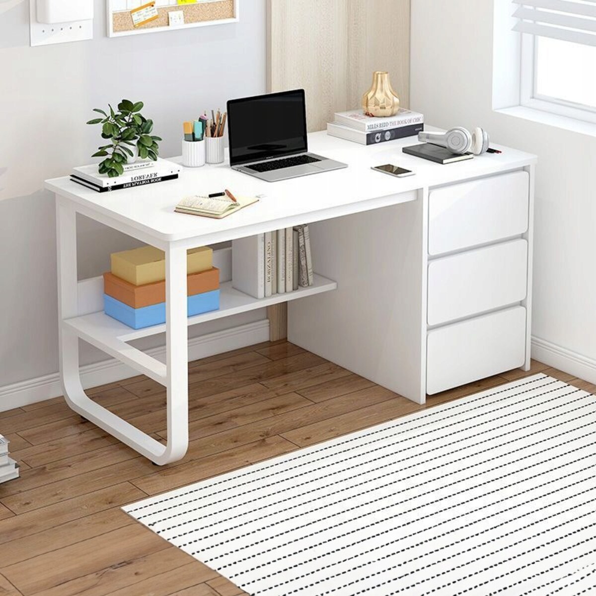 Biurko komputerowe loft białe 3 półki skandynawski nowoczesne 120 cm