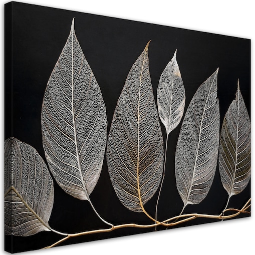 Obraz Minimalistyczny Liście Gałązka Glamour Srebrny 100x70