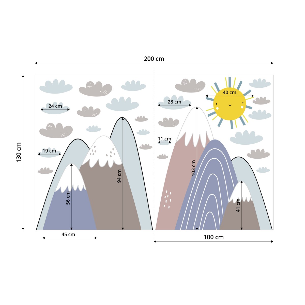 ZESTAW NAKLEJEK DLA DZIECI NA ŚCIANĘ PASTELOWE GÓRY CHMURY