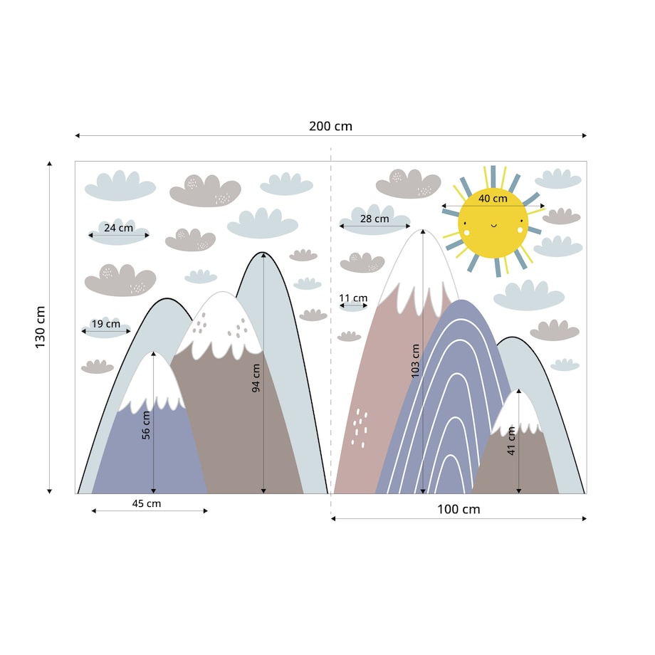 ZESTAW NAKLEJEK DLA DZIECI NA ŚCIANĘ PASTELOWE GÓRY CHMURY