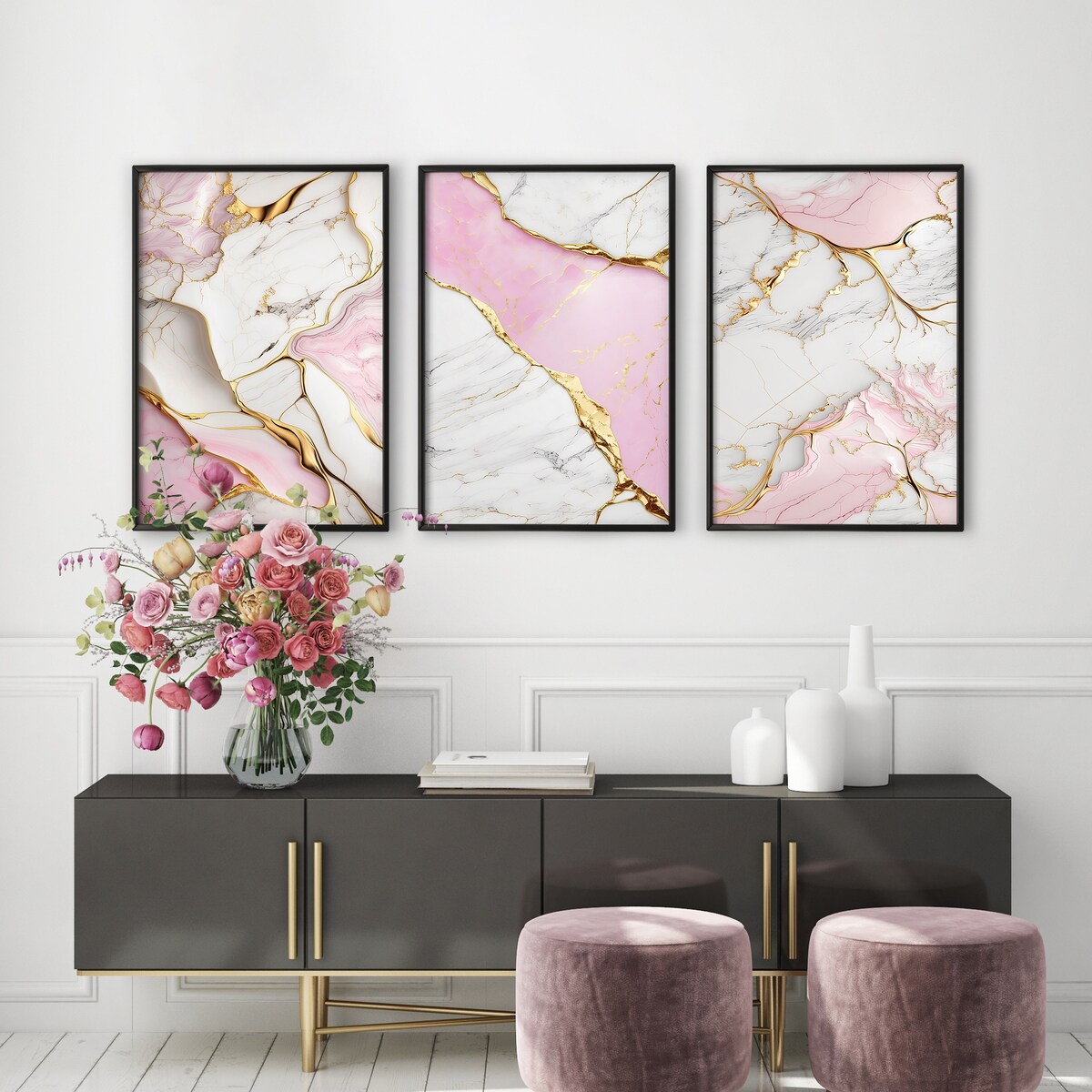 ZESTAW 3X PLAKAT W RAMIE DO SALONU ELEGANCKI RÓŻOWY MARMUR GLAMOUR 600x80cm