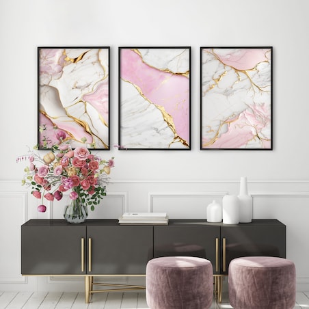 ZESTAW 3X PLAKAT W RAMIE DO SALONU ELEGANCKI RÓŻOWY MARMUR GLAMOUR 600x80cm