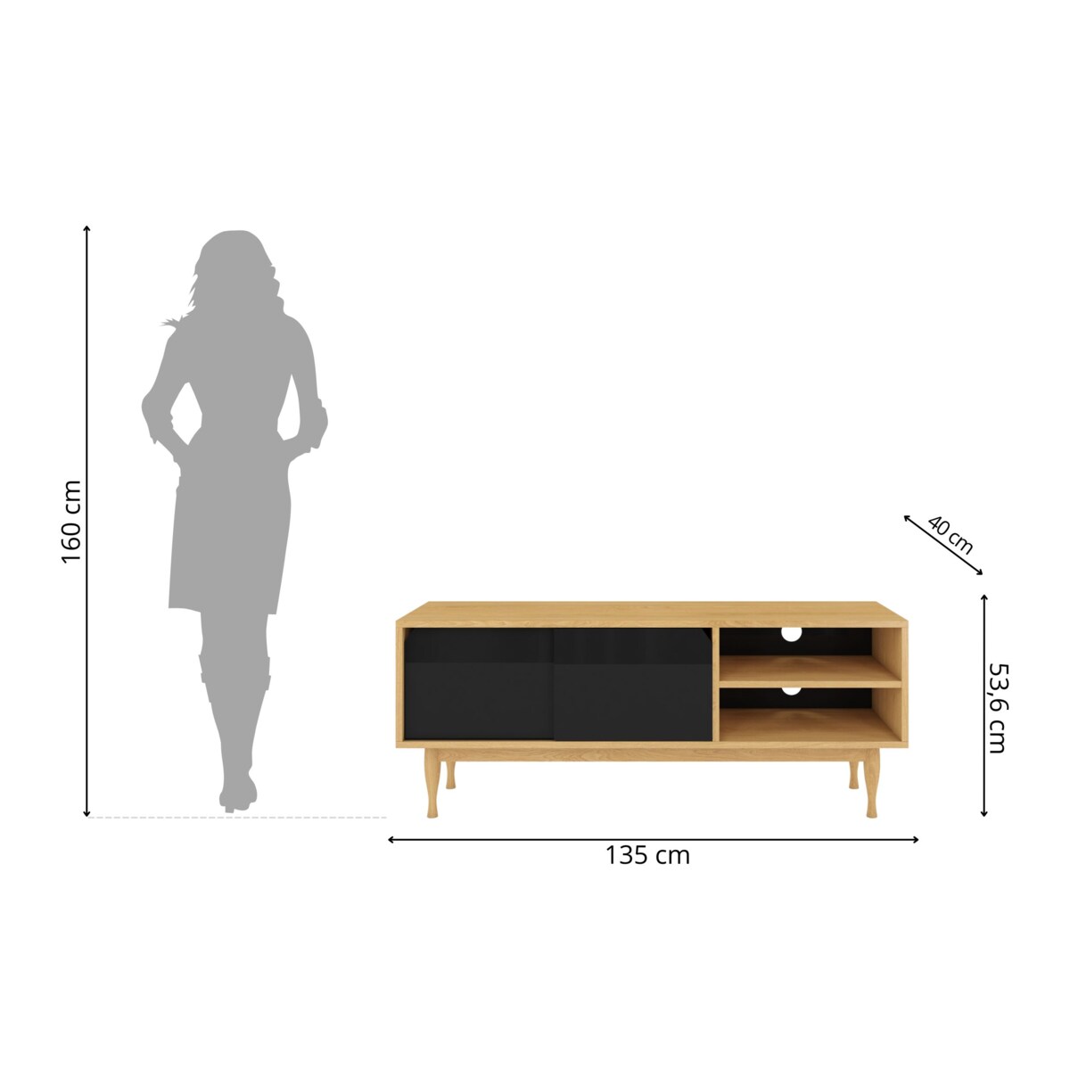 Szafka Rtv Elza Black na dębowych nogach / szer. 135 cm