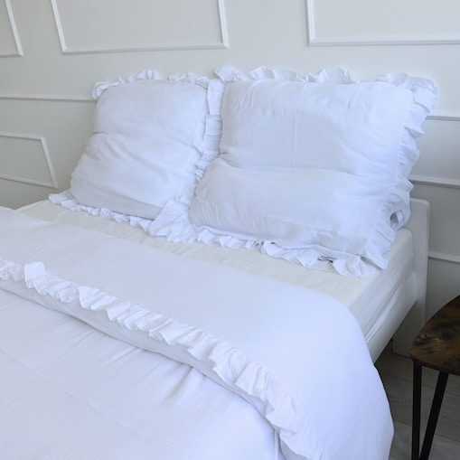 Pościel muślinowa z falbanką biała 200x200 + 2x50x60