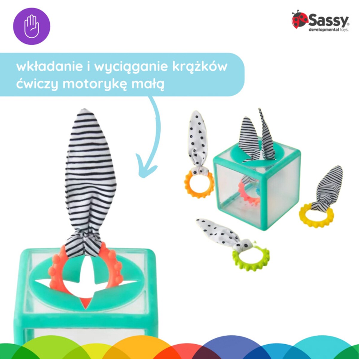 Manipulacyjna kostka sensoryczna Montessori – elastyczna kostka sorter z krążkami, Sassy