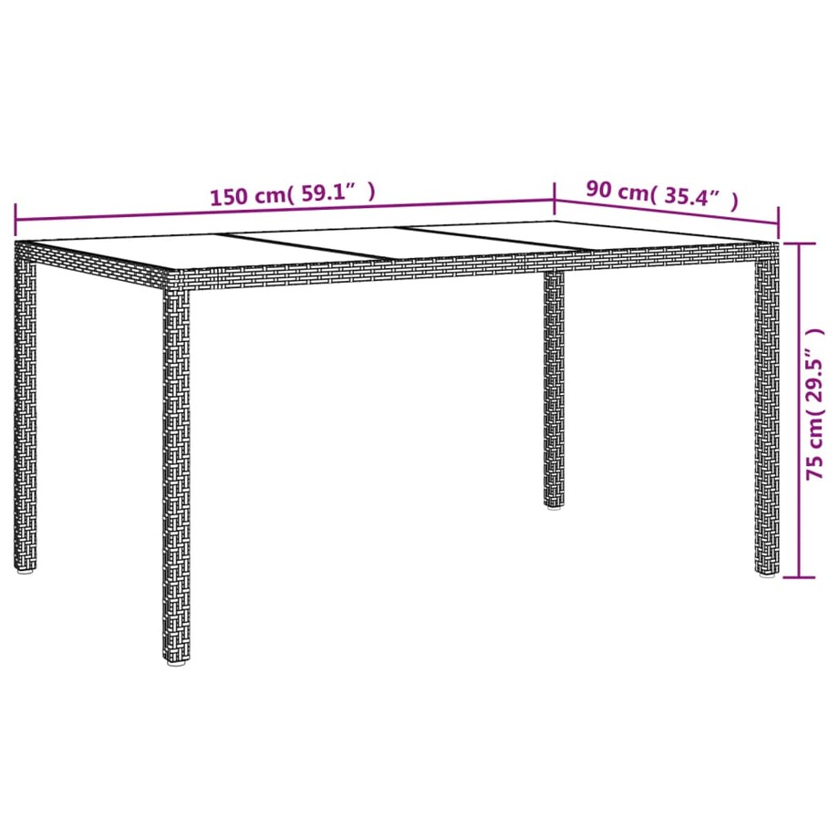vidaXL Stół ogrodowy, 150x90x75 cm, szkło i rattan PE, brązowy