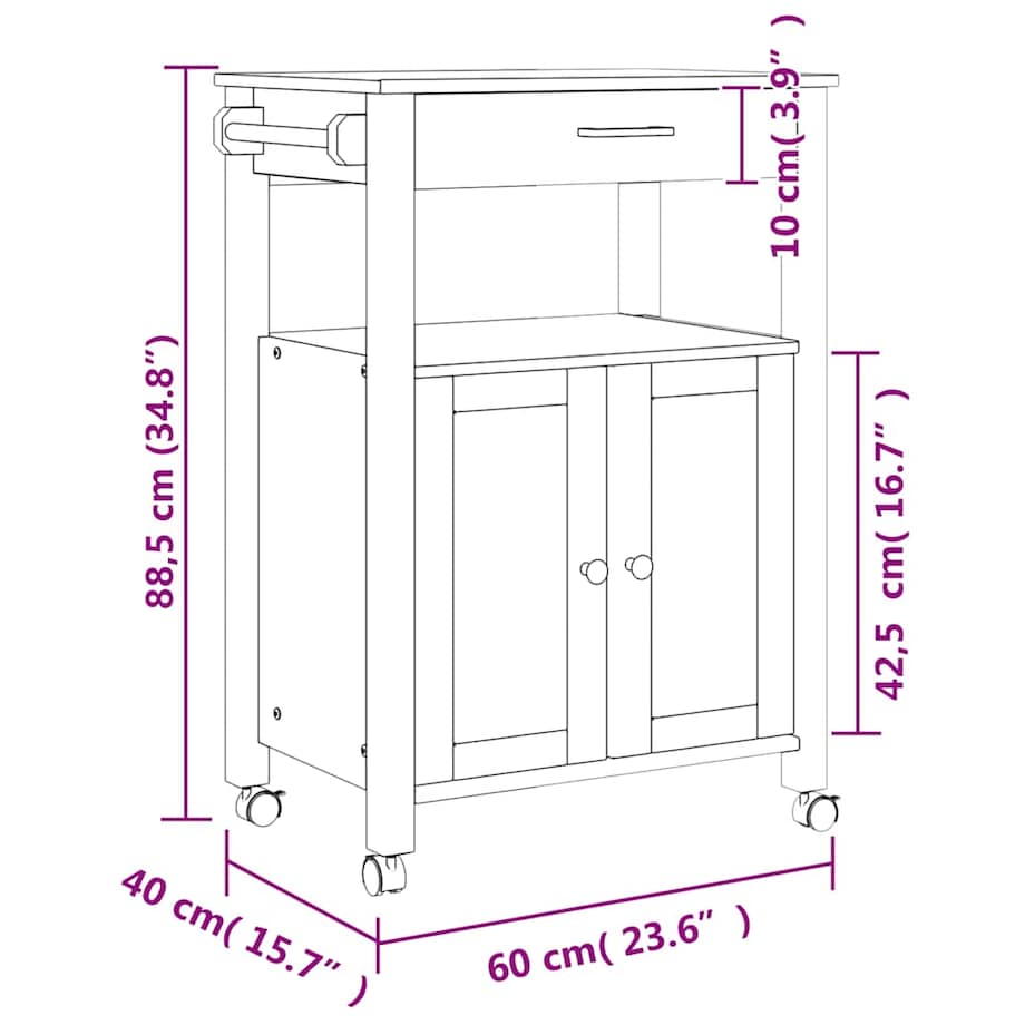 vidaXL Wózek kuchenny MONZA, 60x40x88,5 cm, lite drewno sosnowe