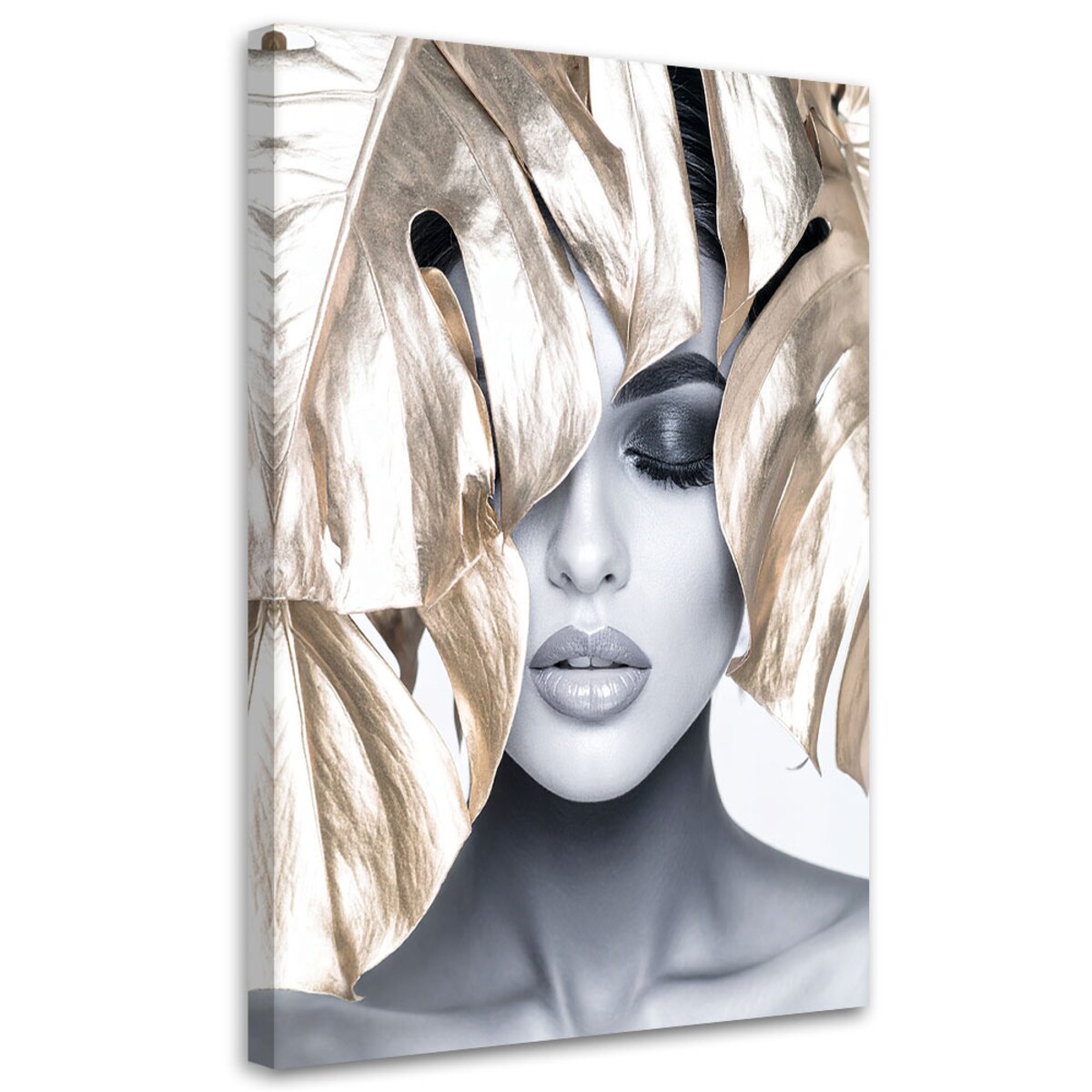 Obraz do salonu sypialni, Kobieta ze złotymi liśćmi na głowie 80x120