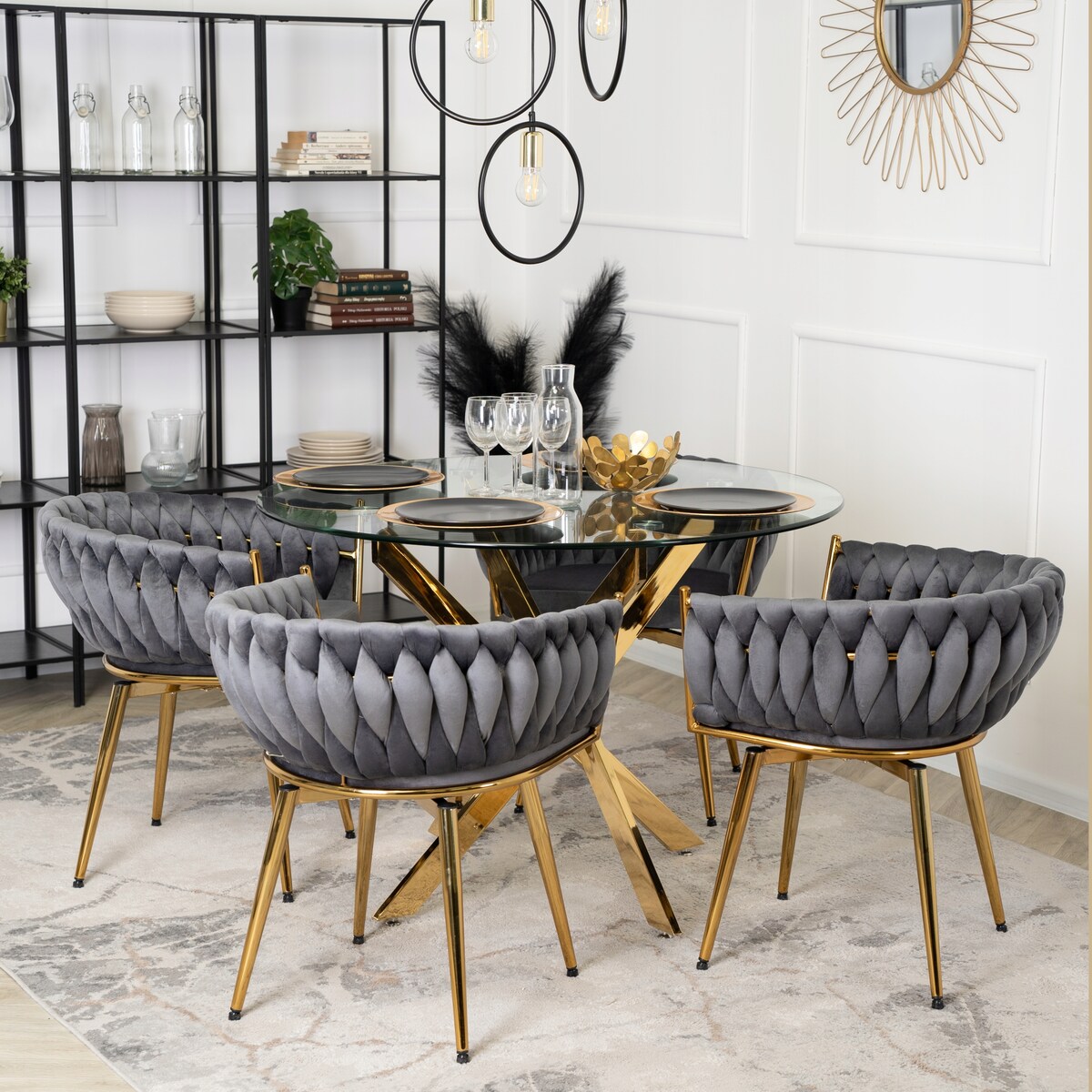 Krzesło Obrotowe Plecione Tapicerowane Welurowe Do Jadalni Szare RUBI