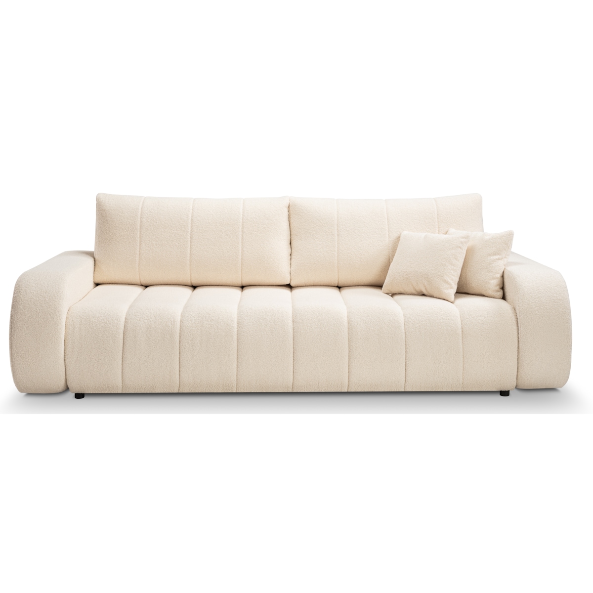 Sofa rozkładana ALOO obita tkaniną boucle z ozdobnymi poduszkami kremowa