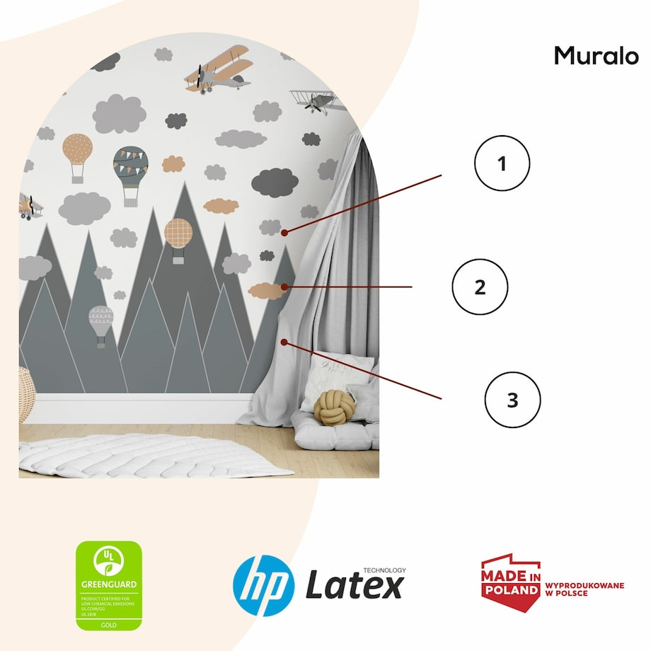 NAKLEJKI NA ŚCIANĘ DLA DZIECI GRAFITOWE GÓRY SAMOLOTY BALONY VINTAGE ZESTAW