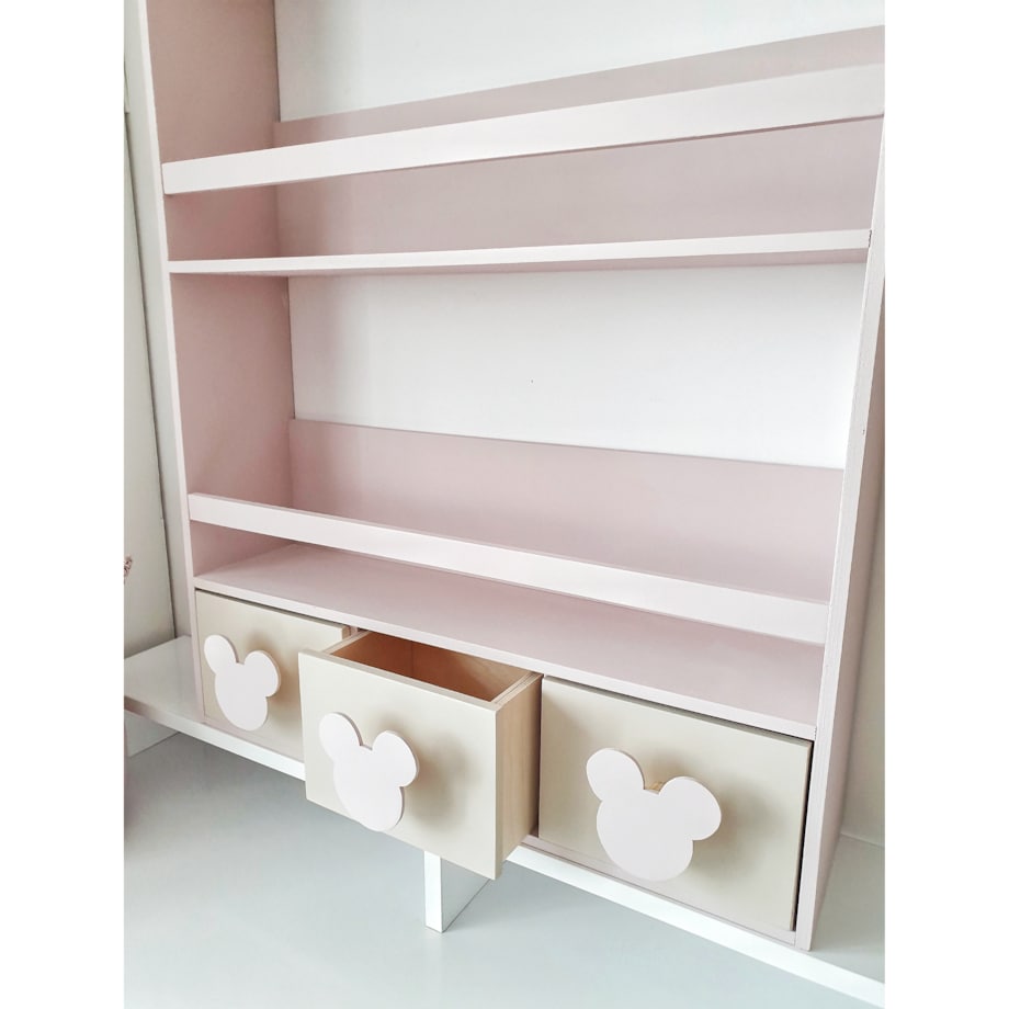 DREWNIANY WISZĄCY REGAŁ BIBLIOTECZKA DLA DZIECI PUDROWY RÓŻ Z MYSZKĄ